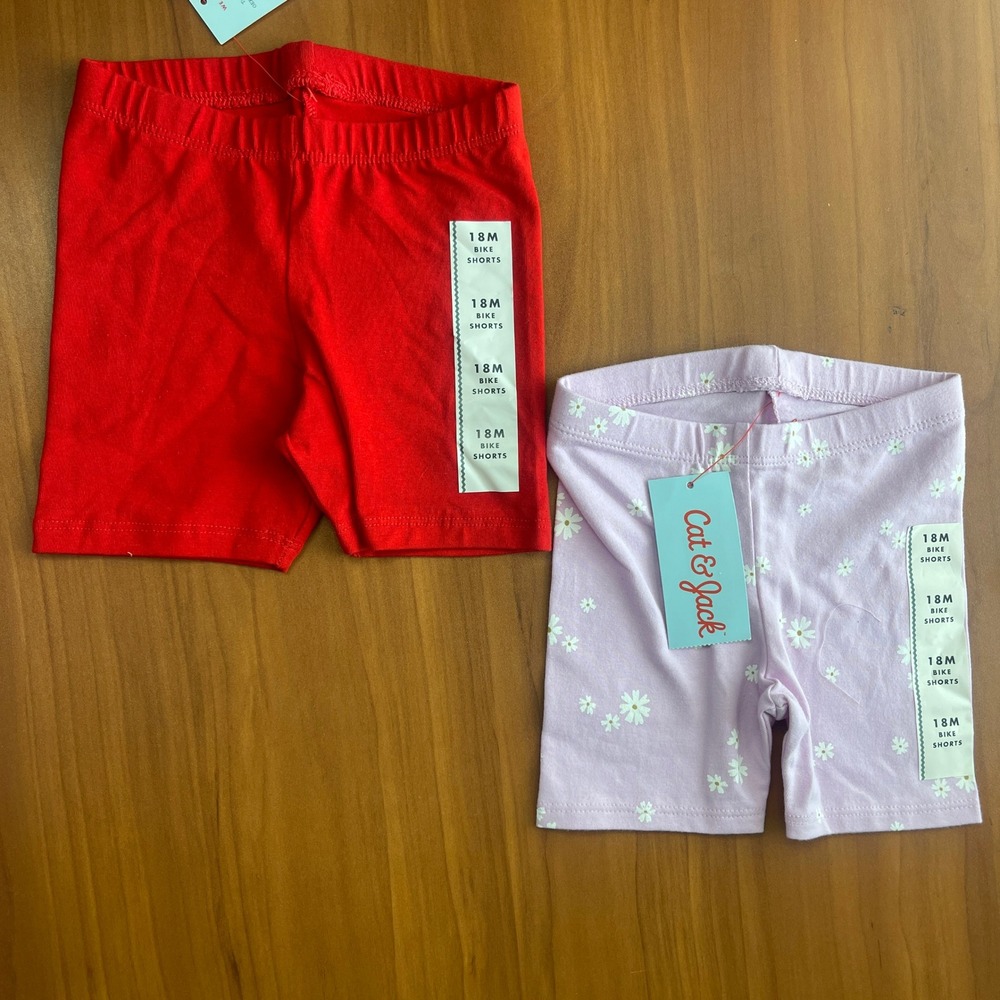 Lot of 2 Cat & Jack Toddler Girls 18M Bike Shorts Set Red & Lavender Floral